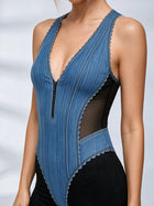 Faux Denim Mesh Patchwork V Neck Bodysuit High Waist Leggings 2 Piece Set