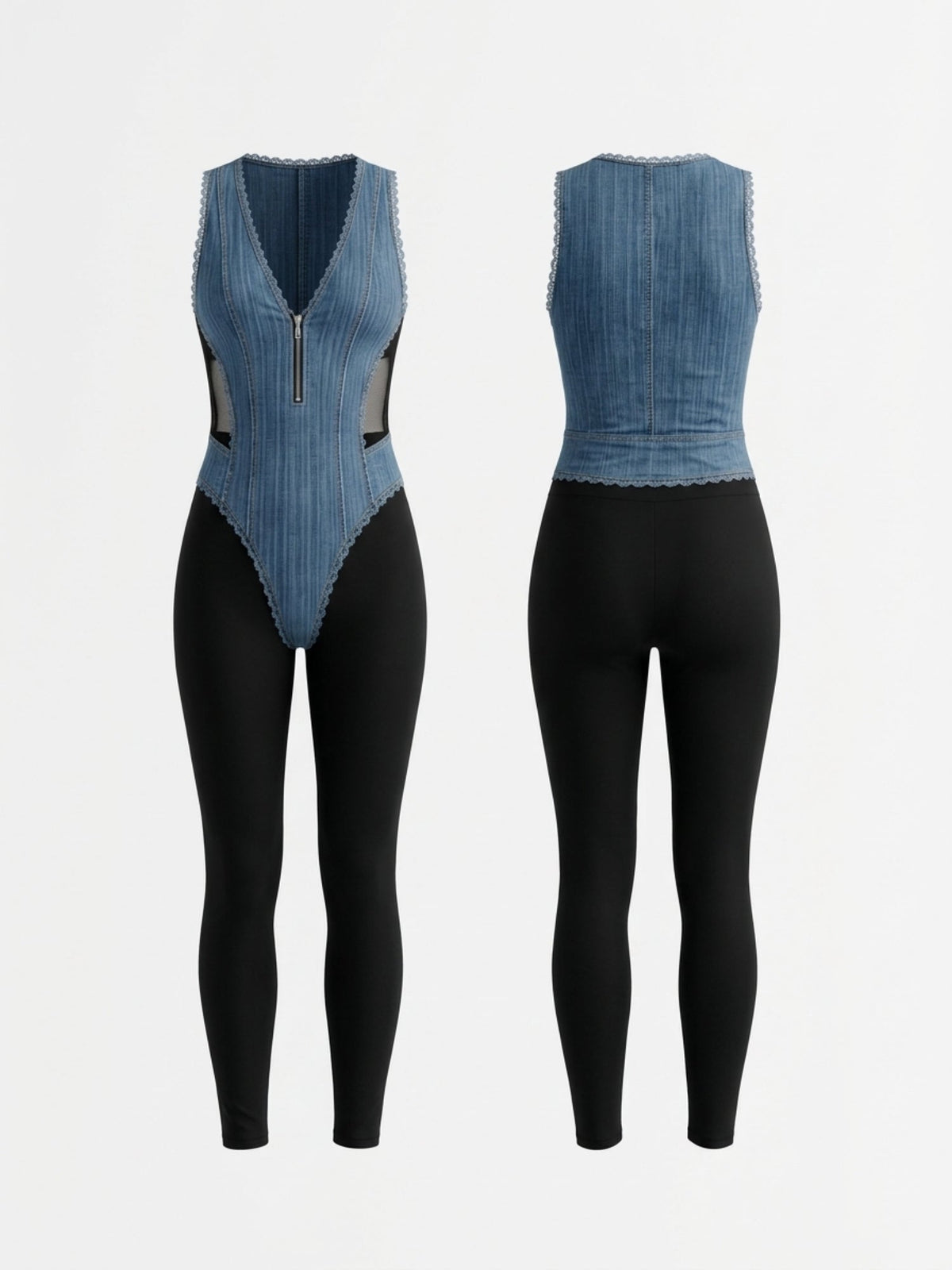 Faux Denim Mesh Patchwork V Neck Bodysuit High Waist Leggings 2 Piece Set