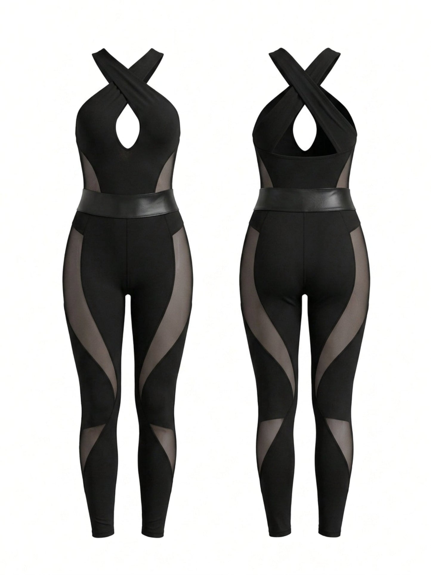 Crisscross Halter Mesh Panel Shaping Jumpsuit