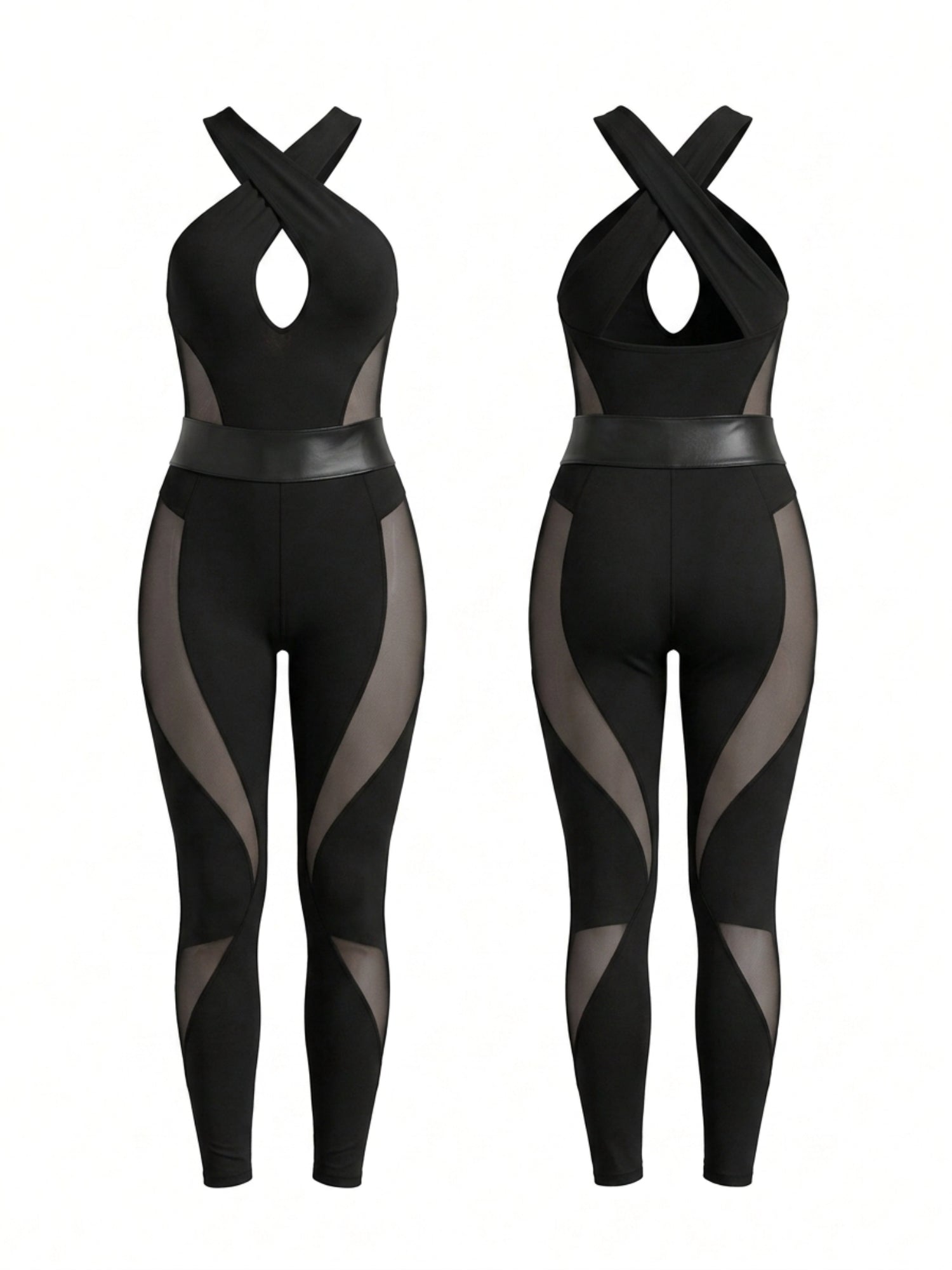 Crisscross Halter Mesh Panel Shaping Jumpsuit