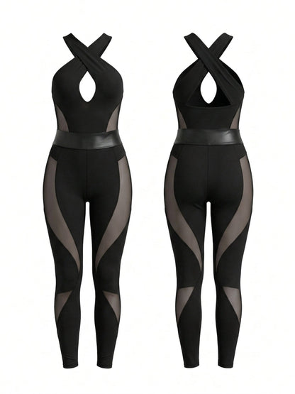 Crisscross Halter Mesh Panel Shaping Jumpsuit