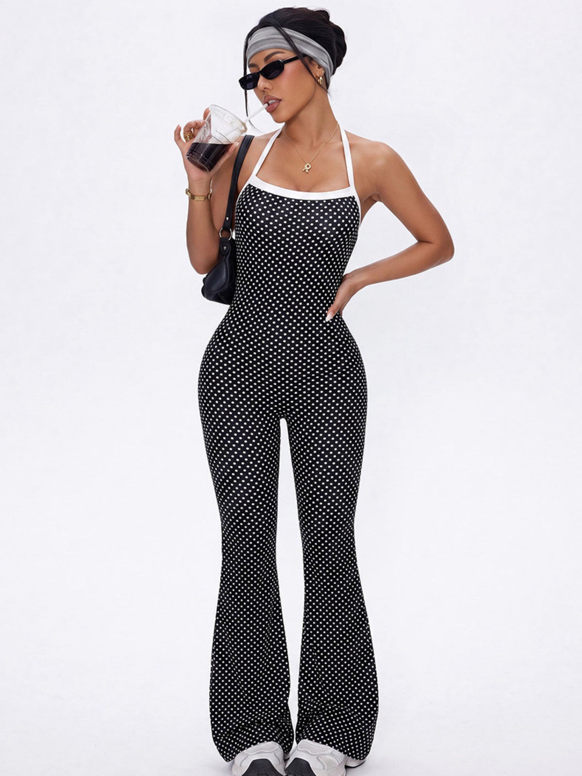 Halter Polka Dot Flared Jumpsuit
