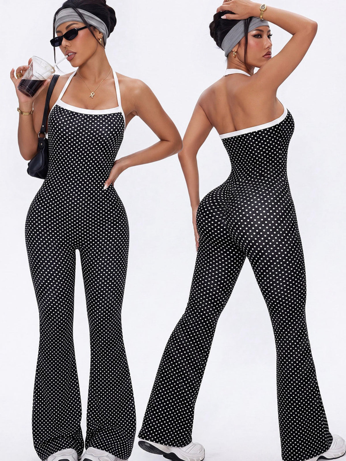 Halter Polka Dot Flared Jumpsuit