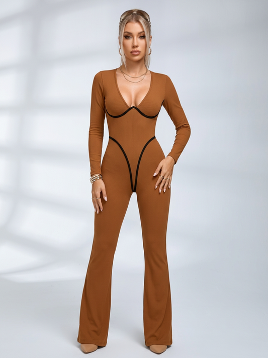 Deep V Long Sleeve Flared Jumpsuit