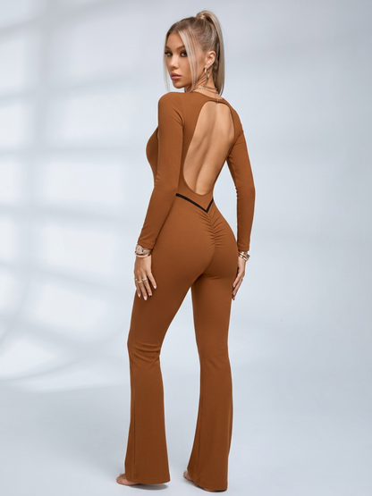 Deep V Long Sleeve Flared Jumpsuit