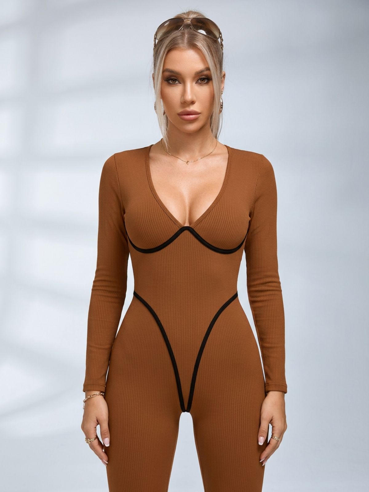 Deep V Long Sleeve Flared Jumpsuit