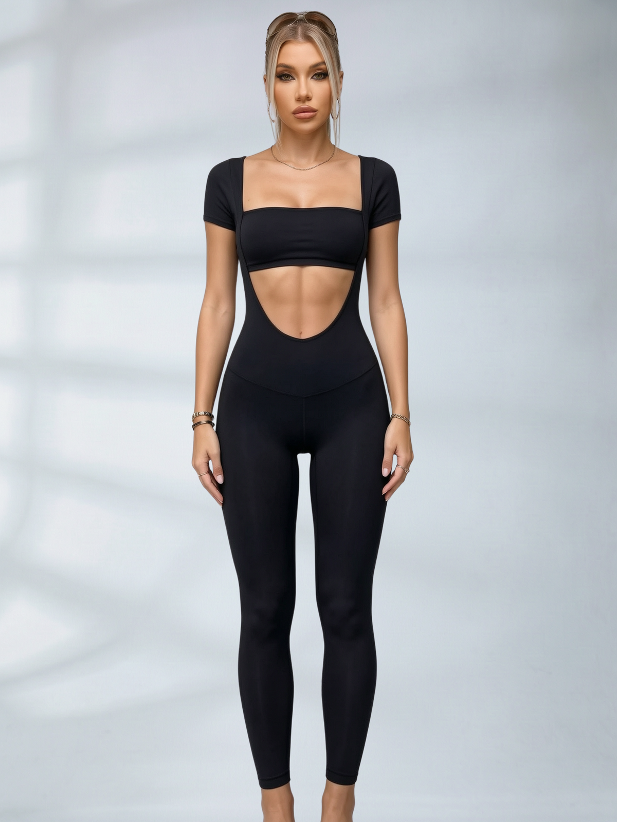 Square Neck Cutout Yoga Jumpsuit