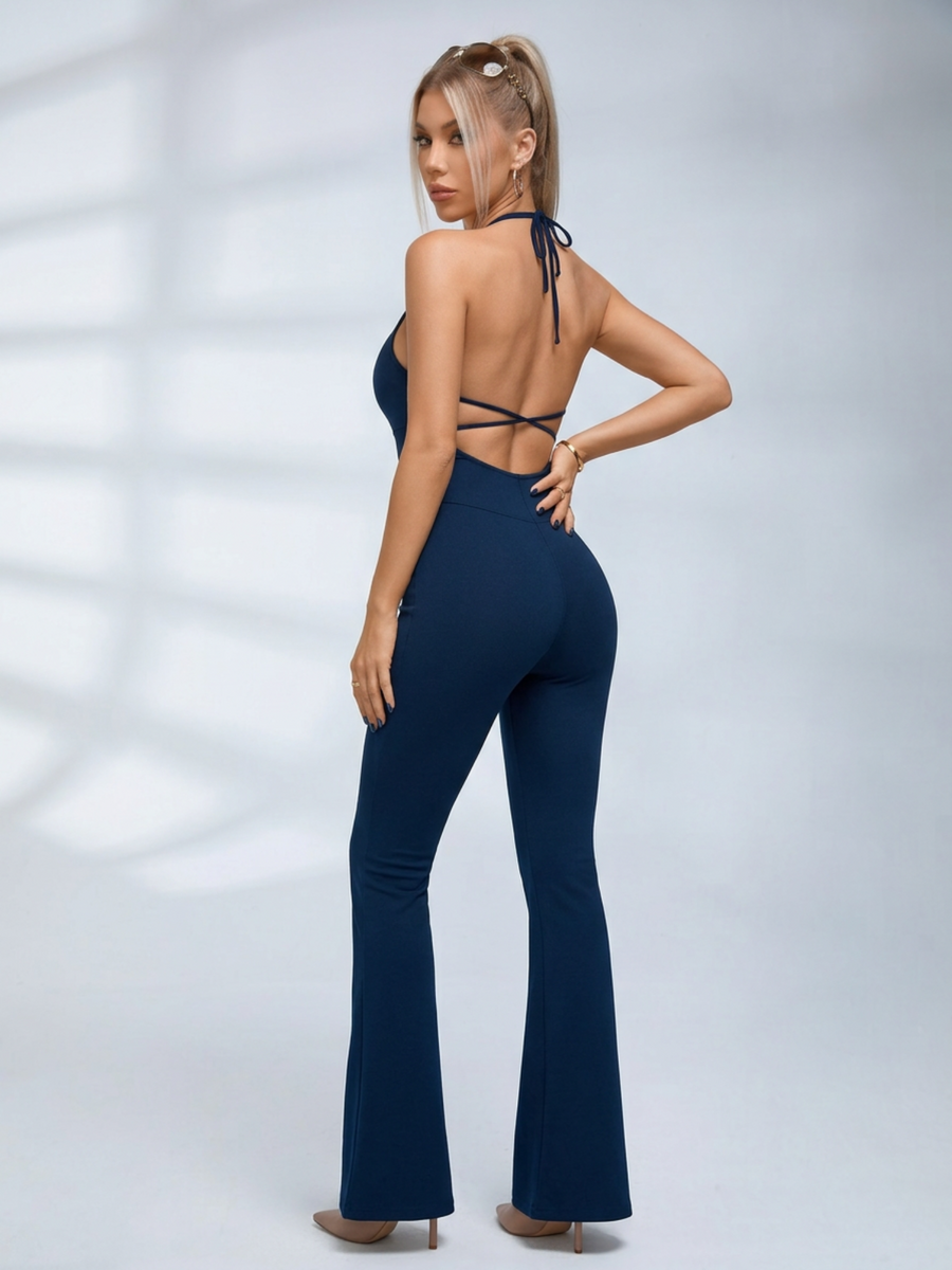 Halter Deep V Backless Flared Jumpsuit