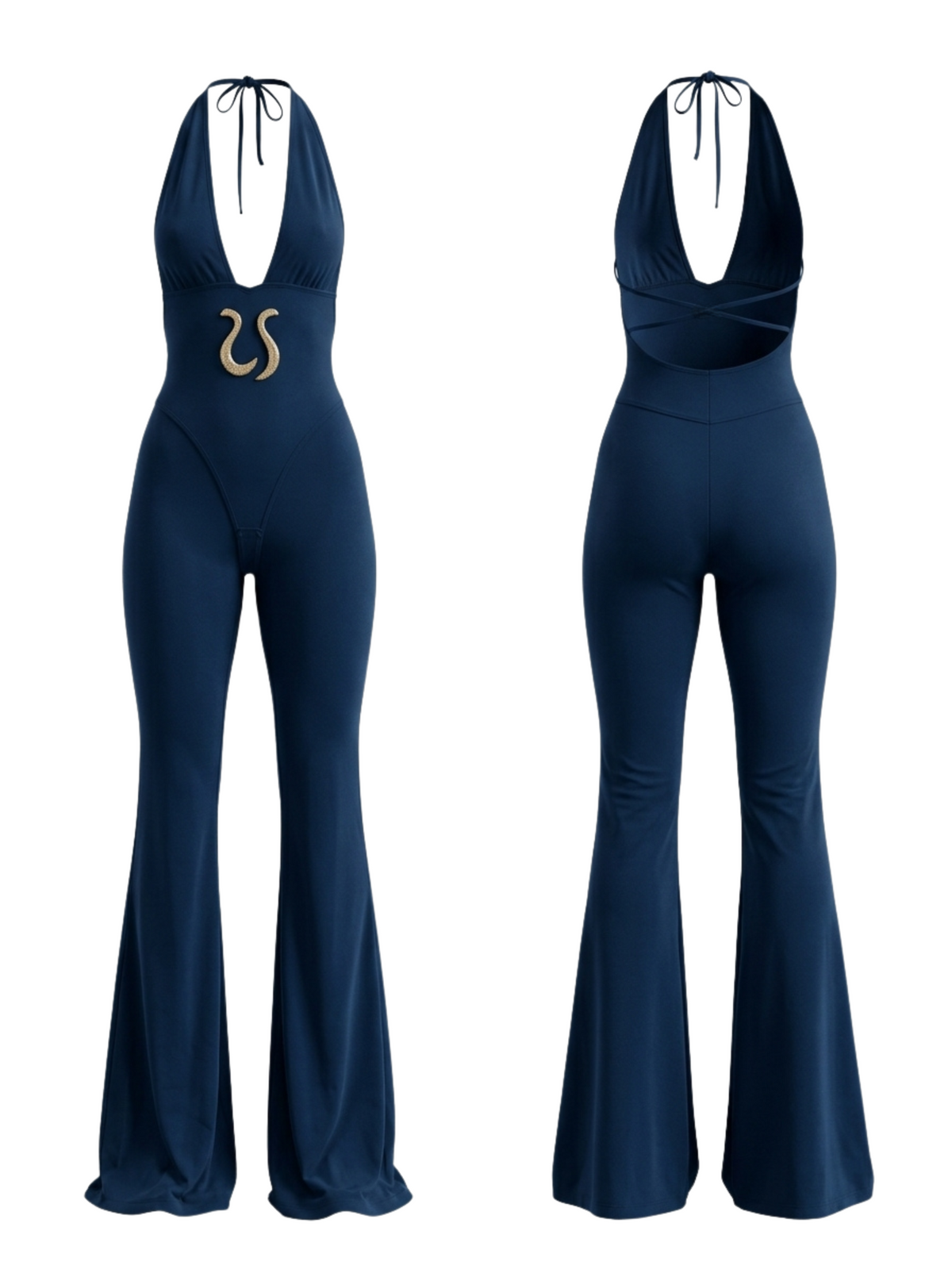 Halter Deep V Backless Flared Jumpsuit