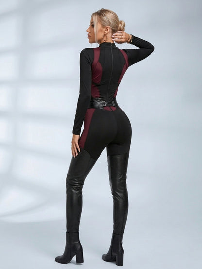 Color Block Zipper Long Sleeve Jumpsuit