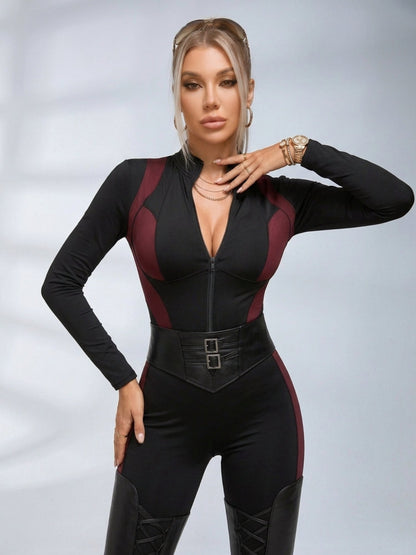 Color Block Zipper Long Sleeve Jumpsuit