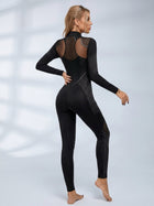 Half Zip Leopard Mesh Patchwork Jumpsuit