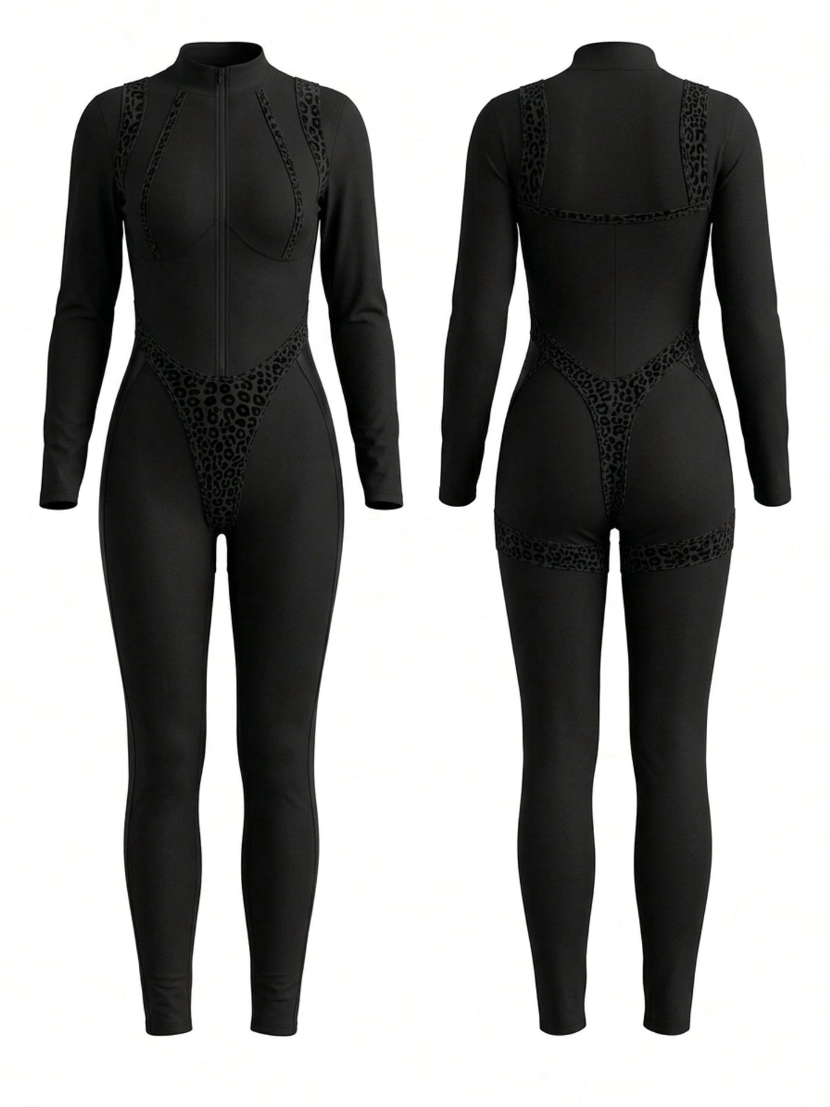 Zip Front Leopard Trim Bodycon Jumpsuit