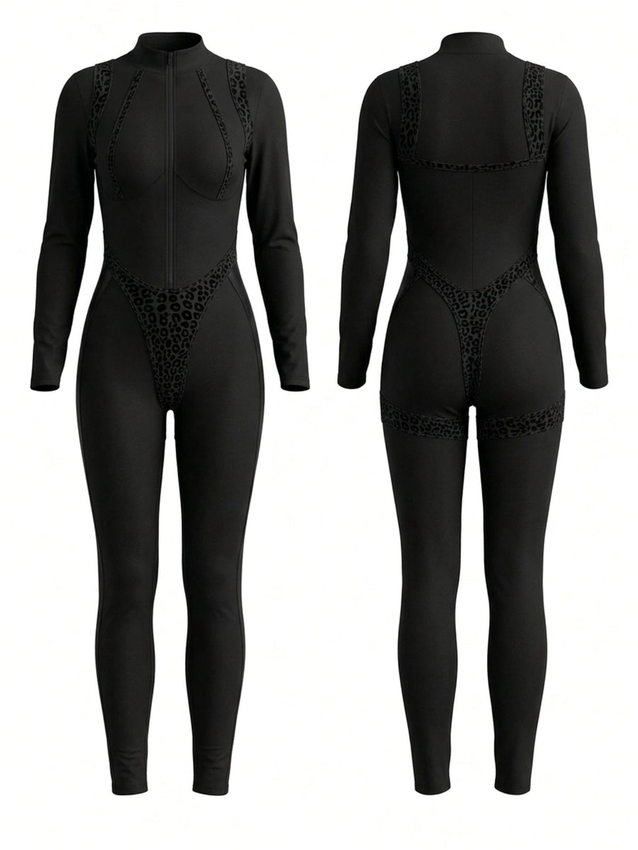 Zip Front Leopard Trim Bodycon Jumpsuit