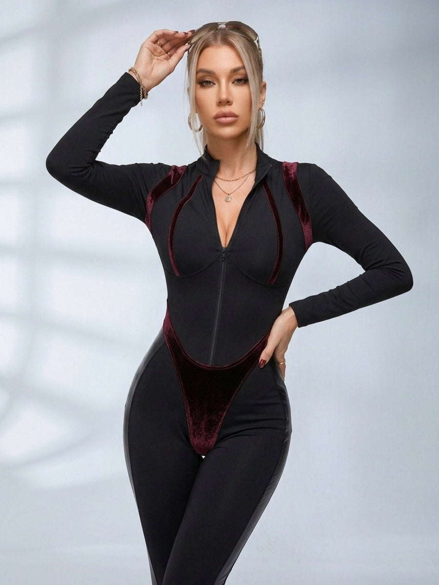 Zip Front Velvet Trim Bodycon Jumpsuit
