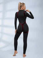 Zip Front Velvet Trim Bodycon Jumpsuit