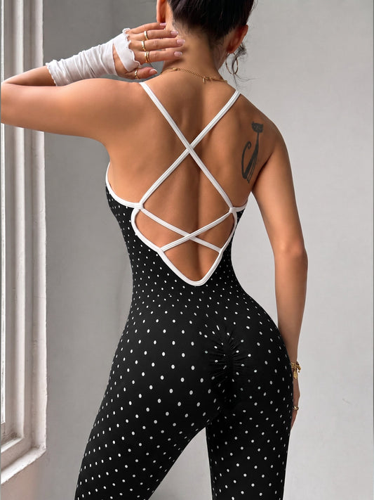 Black White Dot Criss Cross Back Activewear Jumpsuit