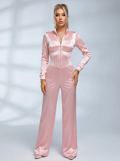 Pink Satin Zip Front Long Sleeve Wide Leg Jumpsuit