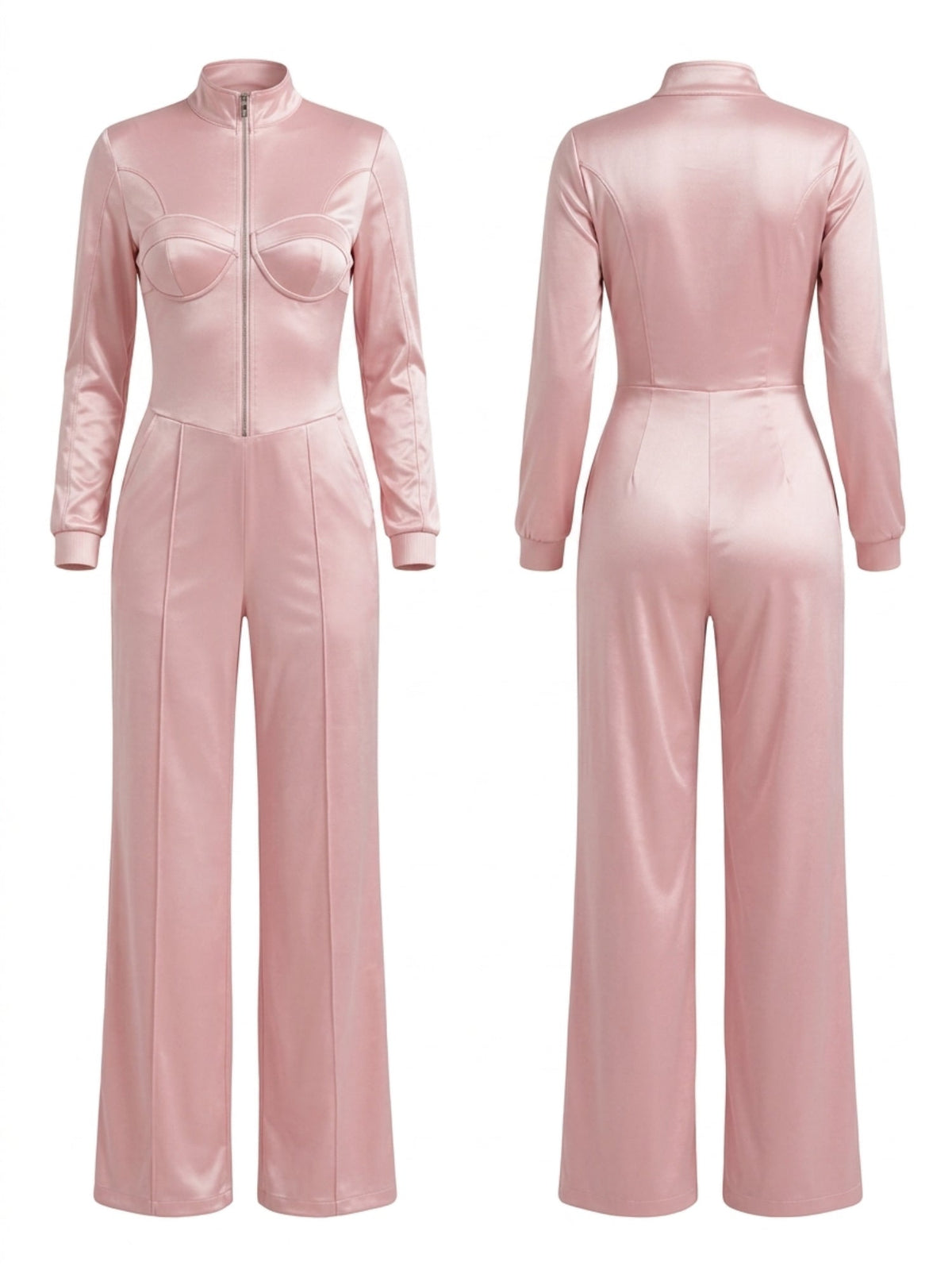 Pink Satin Zip Front Long Sleeve Wide Leg Jumpsuit