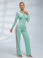 Mint Green Velour Side Stripe Zip Up Jumpsuit