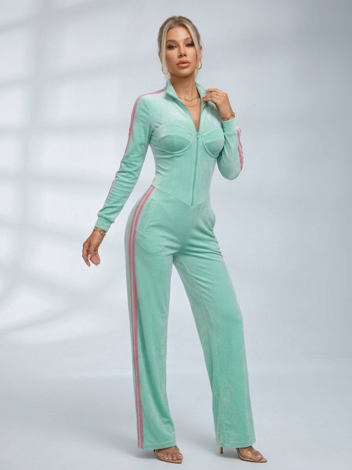 Mint Green Velour Side Stripe Zip Up Jumpsuit