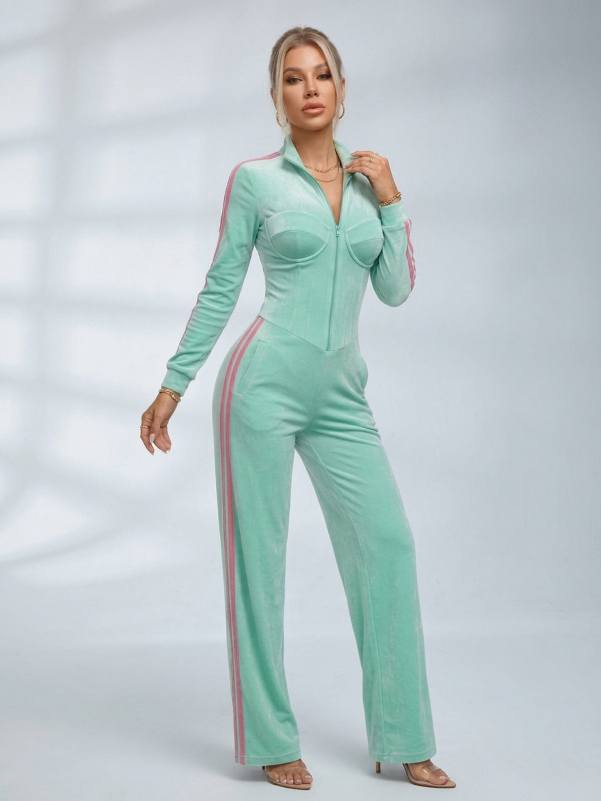 Velour Striped Cropped Tracksuit 2 Piece Outfit