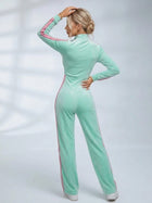 Mint Green Velour Side Stripe Zip Up Jumpsuit