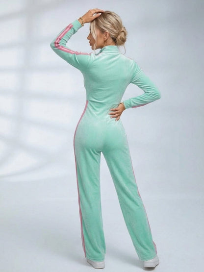 Mint Green Velour Side Stripe Zip Up Jumpsuit