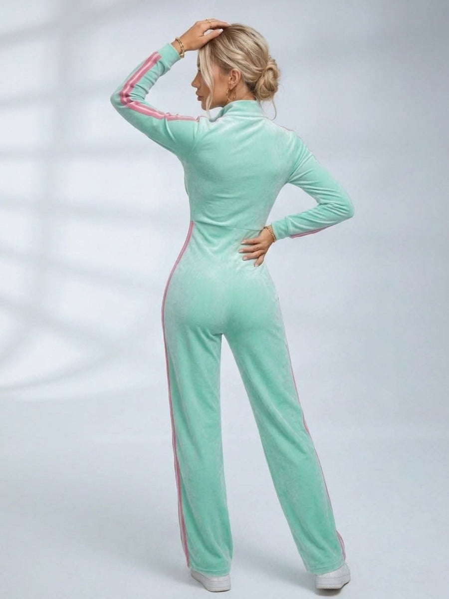 Mint Green Velour Side Stripe Zip Up Jumpsuit