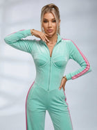 Mint Green Velour Side Stripe Zip Up Jumpsuit