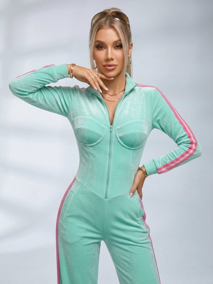 Mint Green Velour Side Stripe Zip Up Jumpsuit