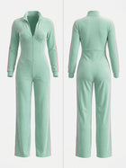 Mint Green Velour Side Stripe Zip Up Jumpsuit