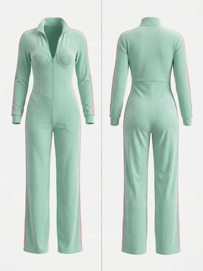 Mint Green Velour Side Stripe Zip Up Jumpsuit