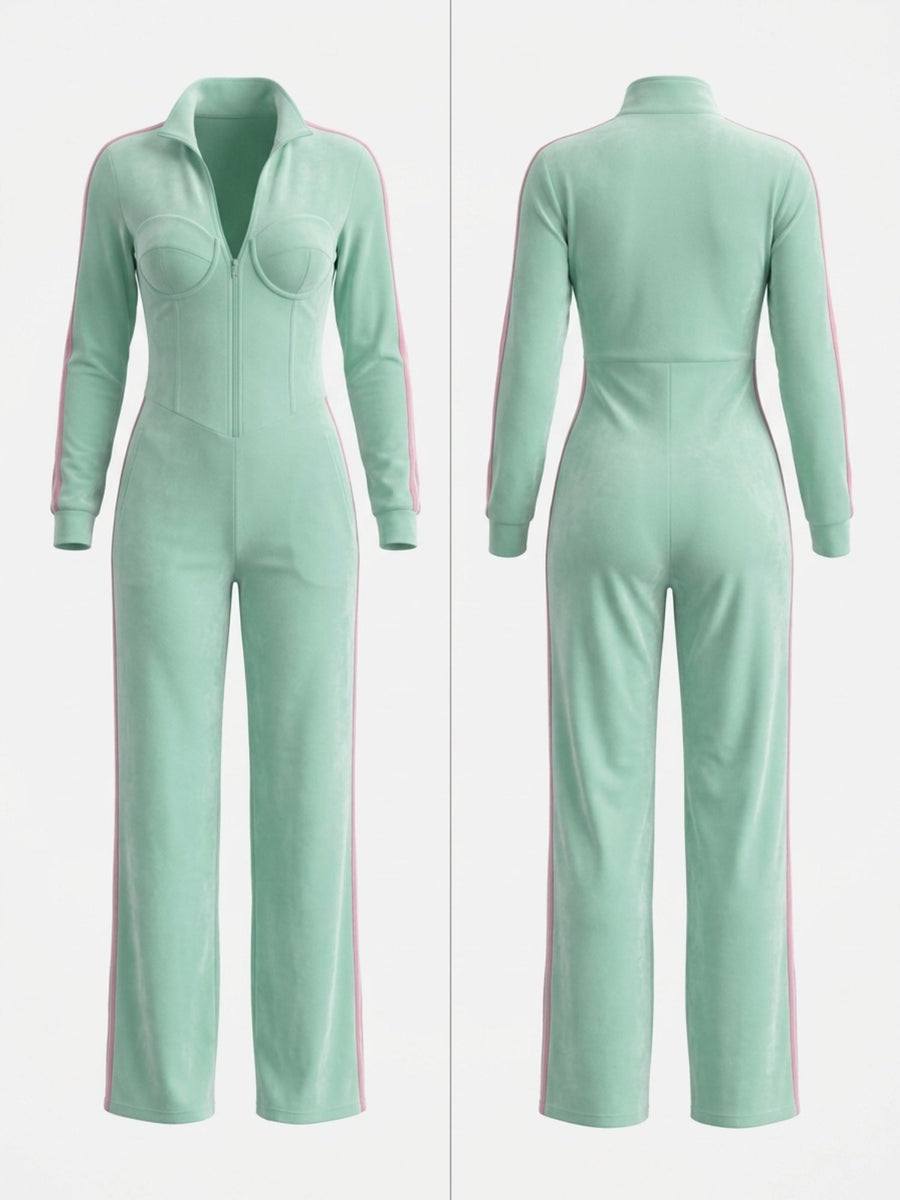 Mint Green Velour Side Stripe Zip Up Jumpsuit