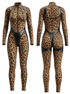 Leopard Print Faux Leather Patch Zip Jumpsuit