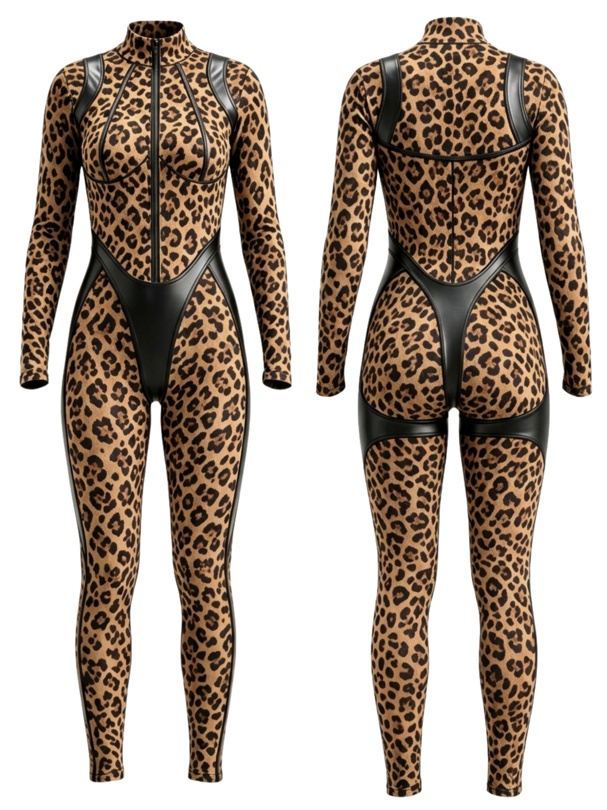 Leopard Print Faux Leather Patch Zip Jumpsuit