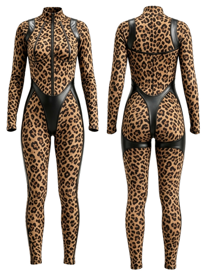 Leopard Print Faux Leather Patch Zip Jumpsuit