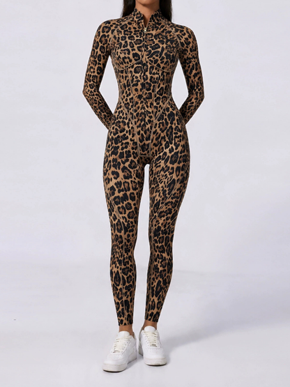 Stand Collar Leopard Gym Jumpsuit