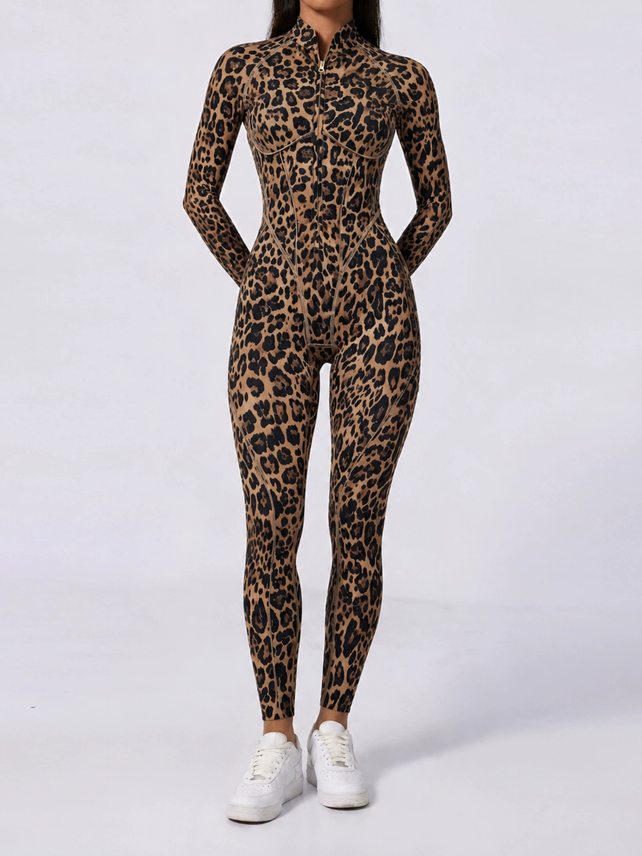 Stand Collar Leopard Gym Jumpsuit