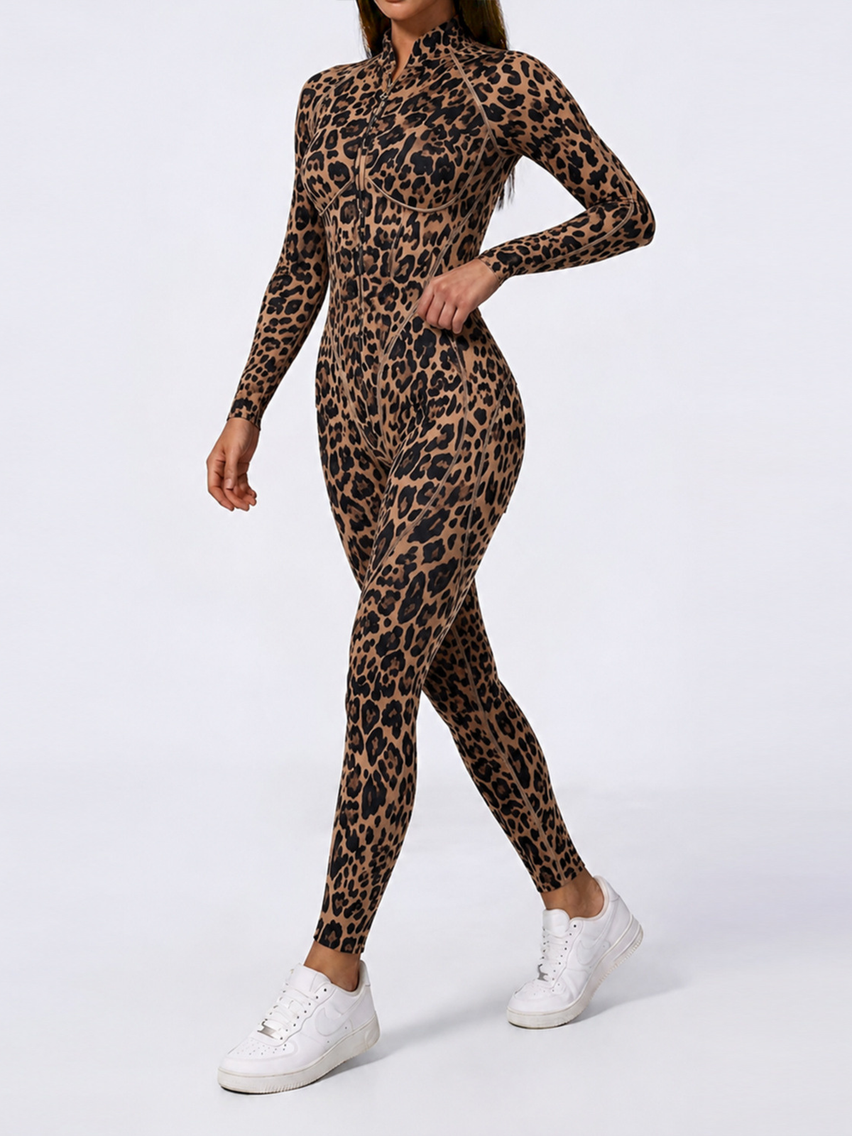 Stand Collar Leopard Gym Jumpsuit