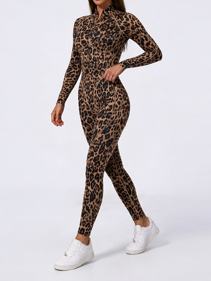 Stand Collar Leopard Gym Jumpsuit