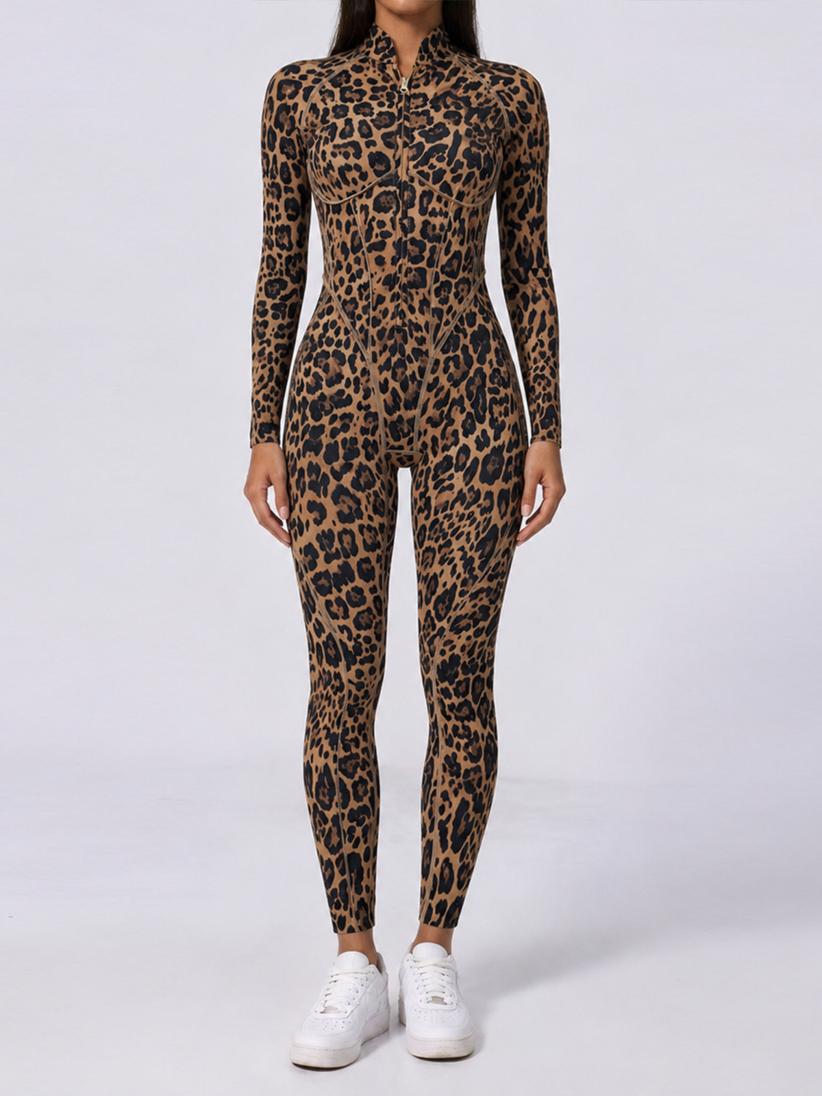 Stand Collar Leopard Gym Jumpsuit