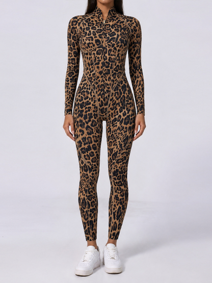 Stand Collar Leopard Gym Jumpsuit