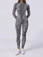 Grey Leopard Zipper Long Sleeve Gym Jumpsuit