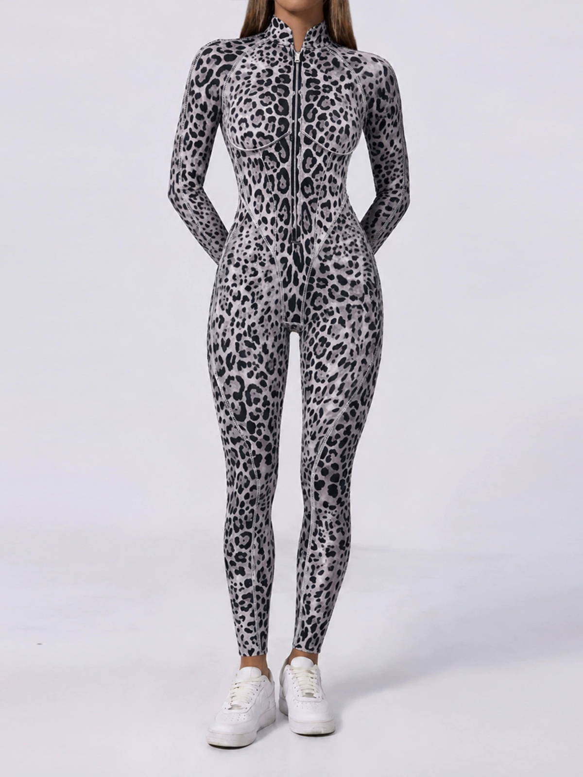 Grey Leopard Zipper Long Sleeve Gym Jumpsuit