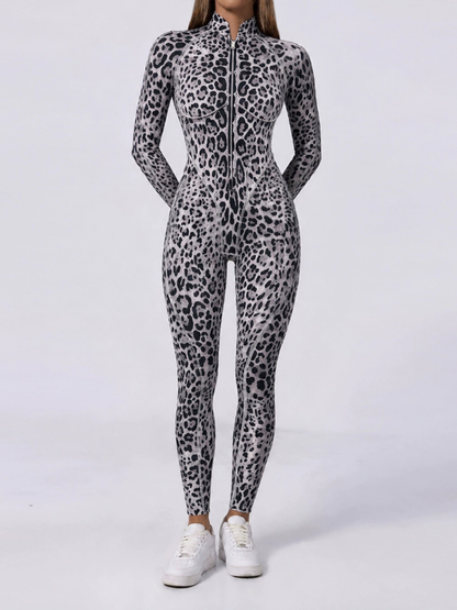 Grey Leopard Zipper Long Sleeve Gym Jumpsuit