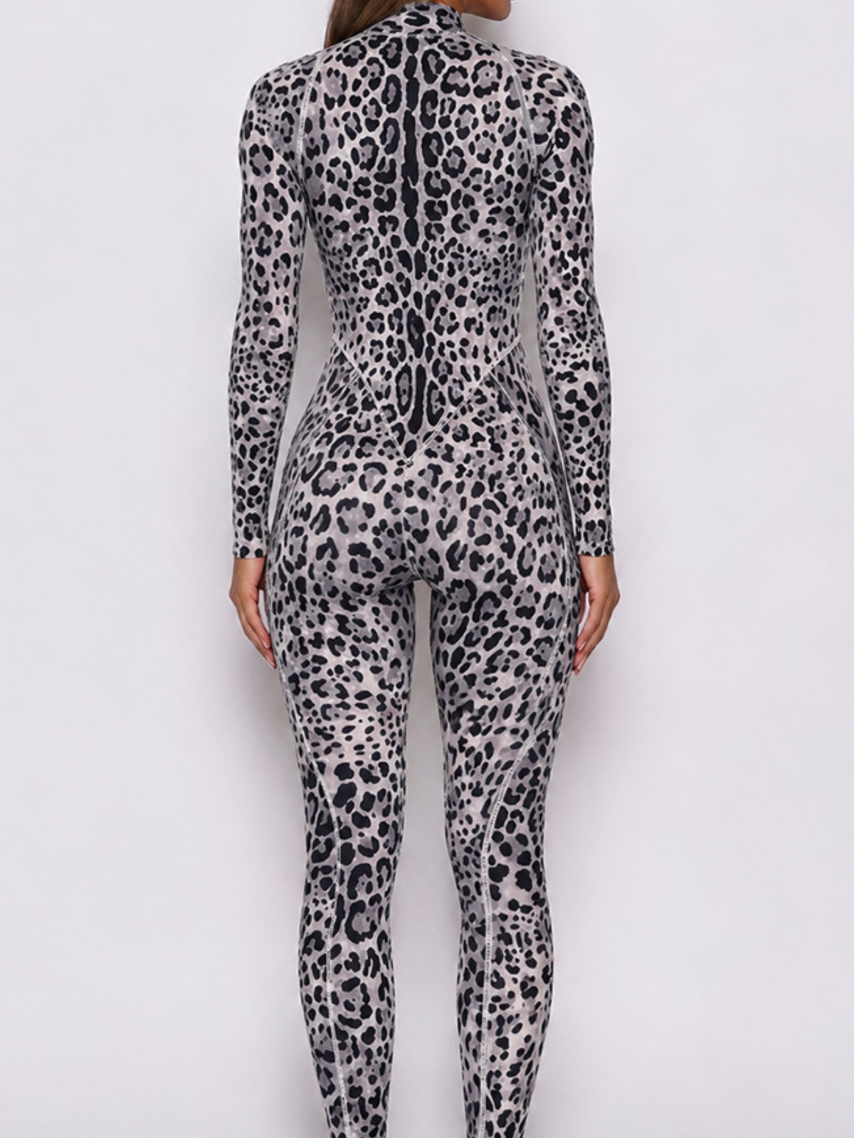 Grey Leopard Zipper Long Sleeve Gym Jumpsuit