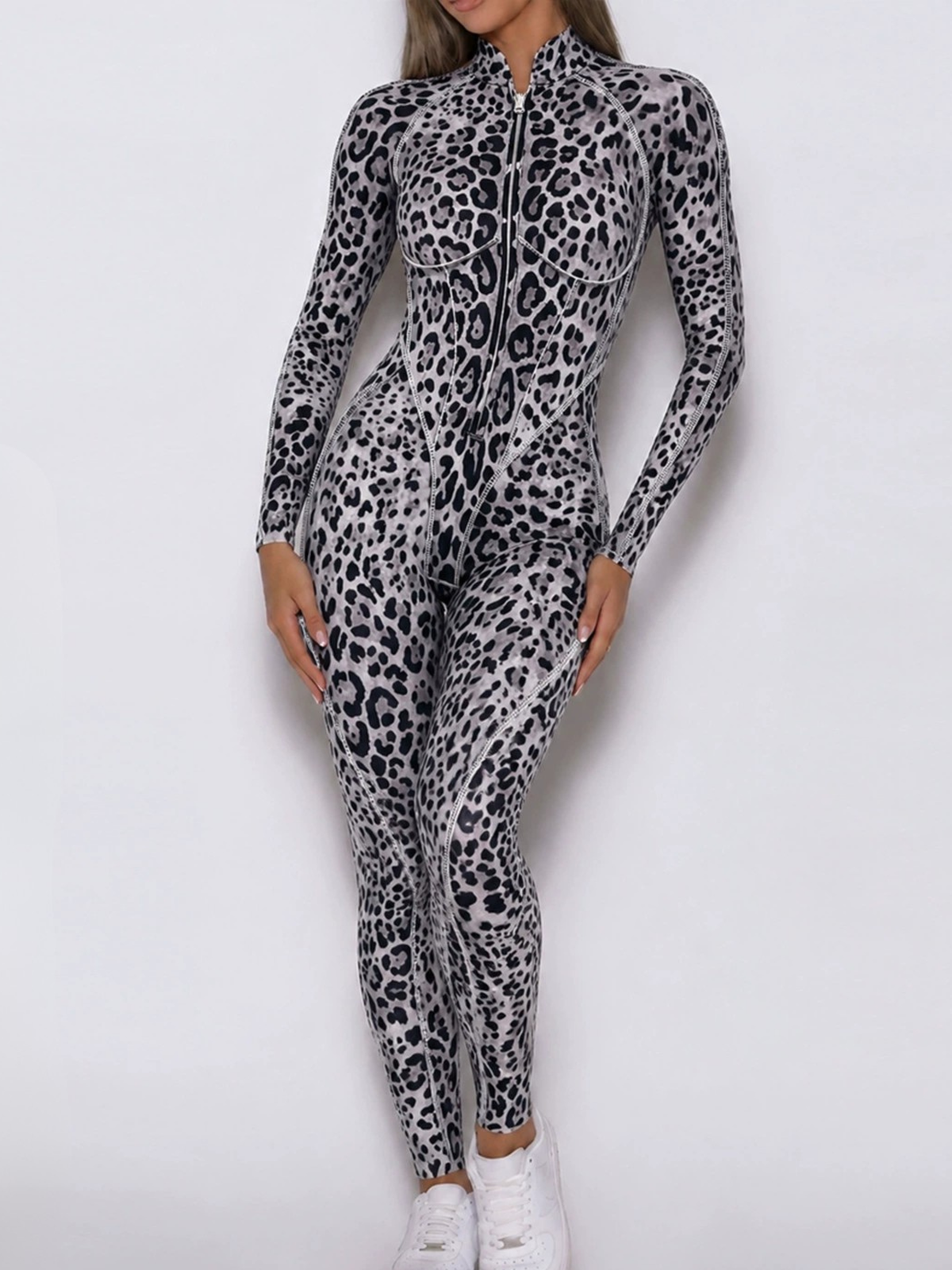 Grey Leopard Zipper Long Sleeve Gym Jumpsuit