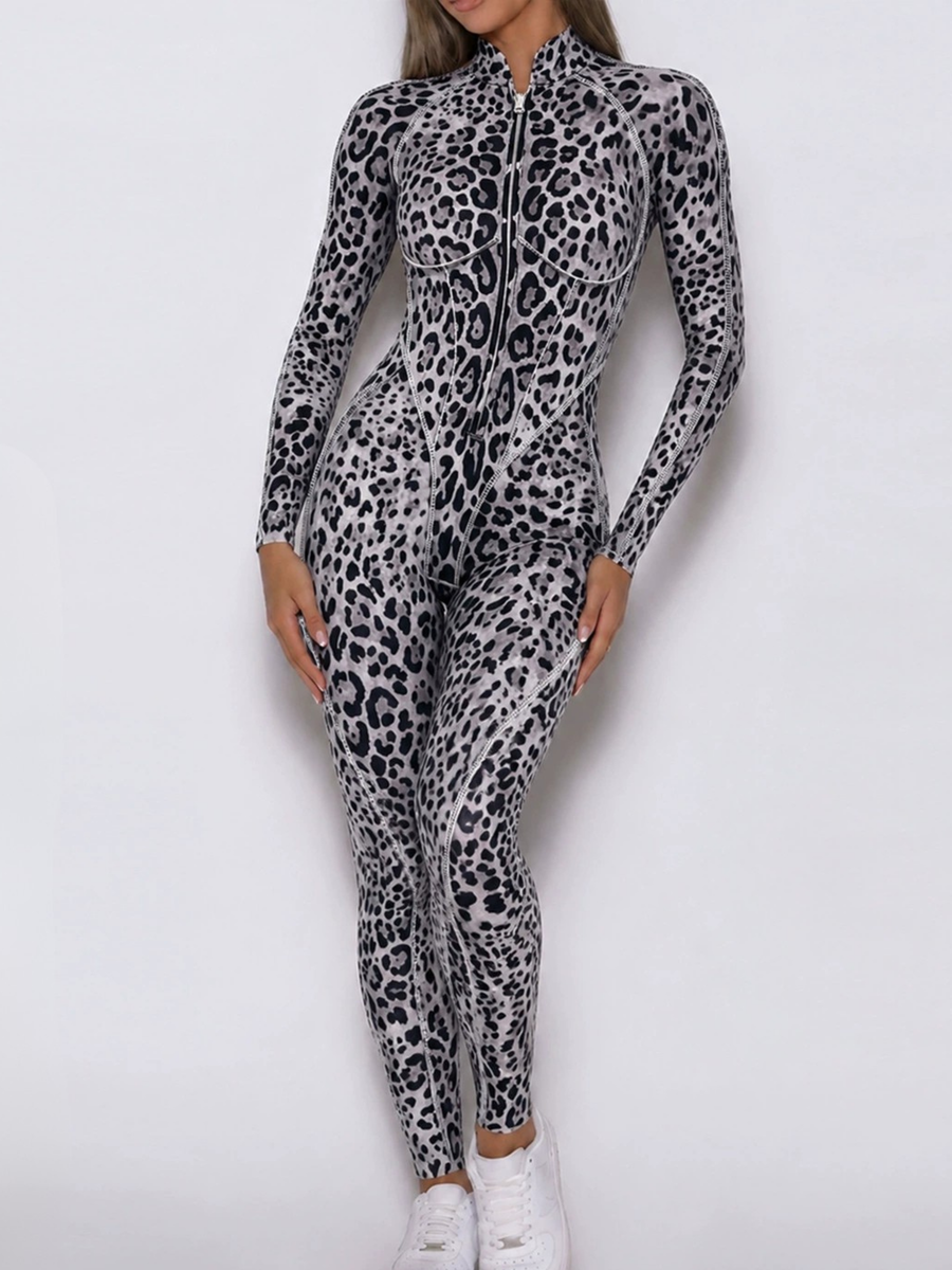 Grey Leopard Zipper Long Sleeve Gym Jumpsuit