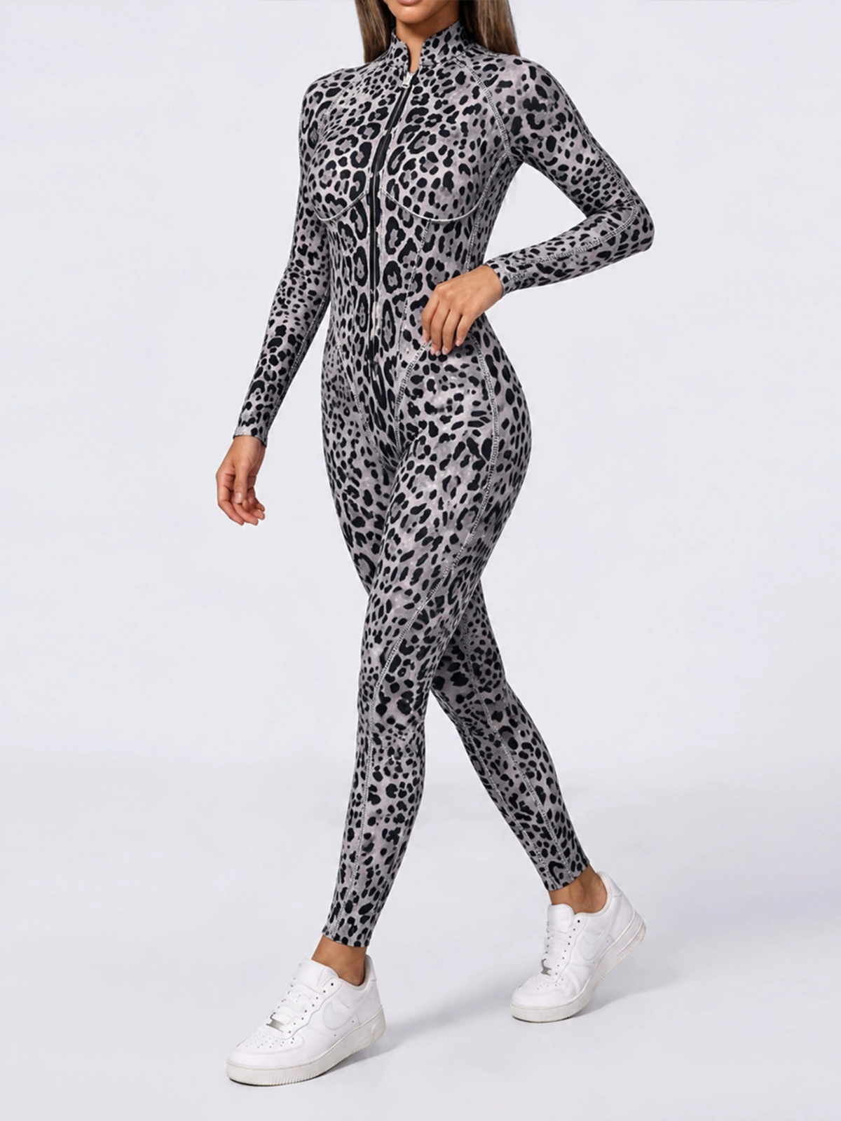 Grey Leopard Zipper Long Sleeve Gym Jumpsuit